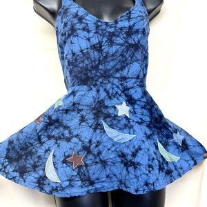 Blue Batik Celestial Moon Star Cotton Babydoll Tunic Top Crisscross Straps Small